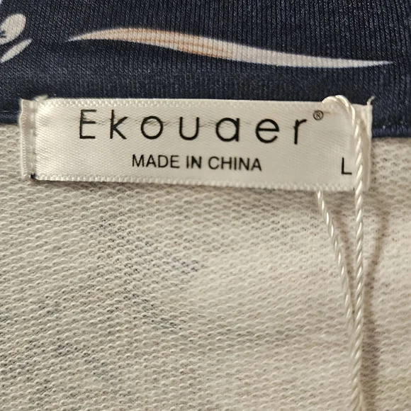 Ekouaer Womens Long Robe L Full Zip Pockets Blue Spring Floral Modest High neck